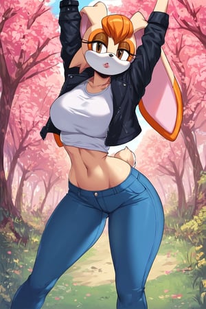 score_9, score_8_up, score_7_up, score_6_up, score_5_up, score_4_up, (Source sonic), (rating safe), vanilla the rabbit, 1girl, solo, outside, wearing blue jeans, white shirt, jacket, large breasts, brown eyes, looking at viewer, standing, outside, trees, fall weather,  , wide hips, rabbit girl, short hair, body fur, hands on hips, anime style,stomach_punch,arms up,cammystretch, stretching,flashing belly,sch00lg1rl,Sexy Girl