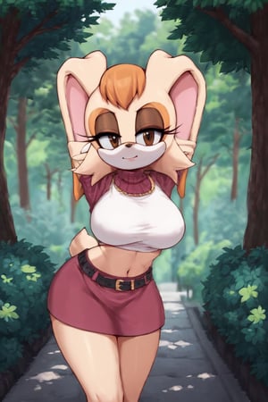 score_9, score_8_up, score_7_up, score_6_up, score_5_up, score_4_up, (Source sonic), (rating safe), vanilla the rabbit, 1girl, solo, outside, short sweater, shirt cutout, large breasts, brown eyes, looking at viewer, standing, outside, trees, fall weather,  , wide hips, rabbit girl, short hair, body fur, dynamic pose, anime style,flashing belly,stomach_punch,cammystretch, stretching,leaning forward,arms up, RakkunVTSDXL,Big_Boobs,Huge_Boobs_Anime, short  skirt,belt