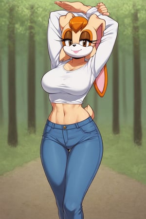 score_9, score_8_up, score_7_up, score_6_up, score_5_up, score_4_up, (Source sonic), (rating safe), vanilla the rabbit, 1girl, solo, outside, wearing blue jeans, white shirt, jacket, large breasts, brown eyes, looking at viewer, standing, outside, trees, fall weather,  , wide hips, rabbit girl, short hair, body fur, hands on hips, anime style,stomach_punch,arms up,cammystretch, stretching,flashing belly,sch00lg1rl,Sexy Girl