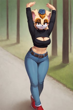 score_9, score_8_up, score_7_up, score_6_up, score_5_up, score_4_up, (Source sonic), (rating safe), vanilla the rabbit, 1girl, solo, outside, wearing blue jeans,  black sweater, shirt cutout, large breasts, brown eyes, looking at viewer, standing, outside, trees, fall weather,  , wide hips, rabbit girl, short hair, body fur, dynamic pose, anime style,flashing belly,cammystretch, stretching,leaning forward,arms up,stomach_punch,Soviet Military uniform,skirt,belt,garrison cap