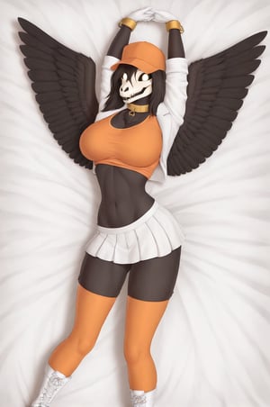 MalOXL, furry female, masterpiece, high quality, large breasts, scp-1471, black fur, orange top, white skirt, white jacket, flashing belly,arms up,cammystretch, stretching, lying in bed, white boots, white gloves, golden chained hands, orange stockings, orange hat,  golden collar, white gloves, big boobs, legs tied, black wings