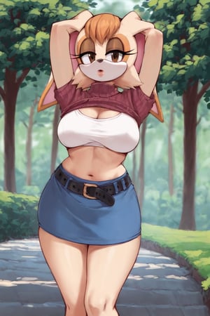 score_9, score_8_up, score_7_up, score_6_up, score_5_up, score_4_up, (Source sonic), (rating safe), vanilla the rabbit, 1girl, solo, outside, short sweater, shirt cutout, large breasts, brown eyes, looking at viewer, standing, outside, trees, fall weather,  , wide hips, rabbit girl, short hair, body fur, dynamic pose, anime style,flashing belly,stomach_punch,cammystretch, stretching,leaning forward,arms up, RakkunVTSDXL,Big_Boobs,Huge_Boobs_Anime, short  skirt,belt