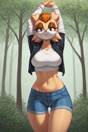 score_9, score_8_up, score_7_up, score_6_up, score_5_up, score_4_up, (Source sonic), (rating safe), vanilla the rabbit, 1girl, solo, outside, wearing blue jeans, white shirt, jacket, large breasts, brown eyes, looking at viewer, standing, outside, trees, fall weather,  , wide hips, rabbit girl, short hair, body fur, hands on hips, anime style,stomach_punch,arms up,cammystretch, stretching,flashing belly,sch00lg1rl,Sexy Girl