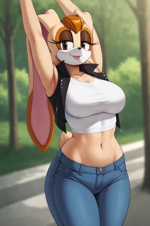 score_9, score_8_up, score_7_up, score_6_up, score_5_up, score_4_up, (Source sonic), (rating safe), vanilla the rabbit, 1girl, solo, outside, wearing blue jeans, white shirt, jacket, large breasts, brown eyes, looking at viewer, standing, outside, trees, fall weather,  , wide hips, rabbit girl, short hair, body fur, hands on hips, anime style,stomach_punch,arms up,cammystretch, stretching,flashing belly,sch00lg1rl,Sexy Girl