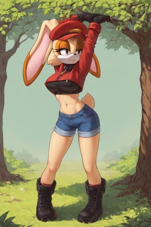 score_9, score_8_up, score_7_up, score_6_up, score_5_up, score_4_up, (Source sonic), (rating safe), vanilla the rabbit, 1girl, solo, outside, short jeans, black top, red jacket large breasts, black eyes, seated, outside, trees, fall weather, wide hips, rabbit girl, long hair, red hat, body fur, hands on hips, anime style,flashing belly,cammystretch, stretching, arms up, collar, navel, black boots, RakkunVTSDXL,Big_Boobs, gloves