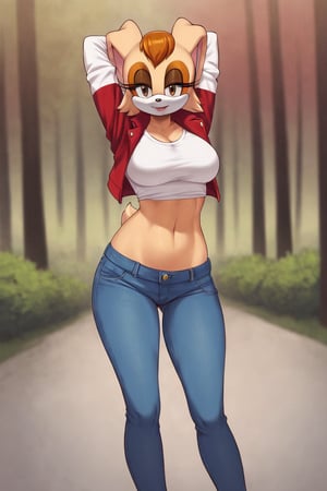 score_9, score_8_up, score_7_up, score_6_up, score_5_up, score_4_up, (Source sonic), (rating safe), vanilla the rabbit, 1girl, solo, outside, wearing blue jeans, white shirt, jacket, large breasts, brown eyes, looking at viewer, standing, outside, trees, fall weather,  , wide hips, rabbit girl, short hair, body fur, hands on hips, anime style,stomach_punch,arms up,cammystretch, stretching,flashing belly,sch00lg1rl,Sexy Girl