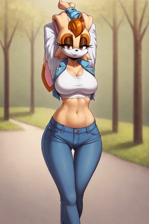 score_9, score_8_up, score_7_up, score_6_up, score_5_up, score_4_up, (Source sonic), (rating safe), vanilla the rabbit, 1girl, solo, outside, wearing blue jeans, white shirt, jacket, large breasts, brown eyes, looking at viewer, standing, outside, trees, fall weather,  , wide hips, rabbit girl, short hair, body fur, hands on hips, anime style,stomach_punch,arms up,cammystretch, stretching,flashing belly,sch00lg1rl