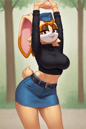 score_9, score_8_up, score_7_up, score_6_up, score_5_up, score_4_up, (Source sonic), (rating safe), vanilla the rabbit, 1girl, solo, outside, wearing blue jeans,  black sweater, shirt cutout, large breasts, brown eyes, looking at viewer, standing, outside, trees, fall weather,  , wide hips, rabbit girl, short hair, body fur, dynamic pose, anime style,flashing belly,cammystretch, stretching,leaning forward,arms up,stomach_punch,Soviet Military uniform,skirt,belt,garrison cap