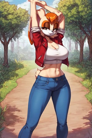 score_9, score_8_up, score_7_up, score_6_up, score_5_up, score_4_up, (Source sonic), (rating safe), vanilla the rabbit, 1girl, solo, outside, wearing blue jeans, white shirt, jacket, large breasts, brown eyes, looking at viewer, standing, outside, trees, fall weather,  , wide hips, rabbit girl, short hair, body fur, hands on hips, anime style,stomach_punch,arms up,cammystretch, stretching,flashing belly,sch00lg1rl,Sexy Girl