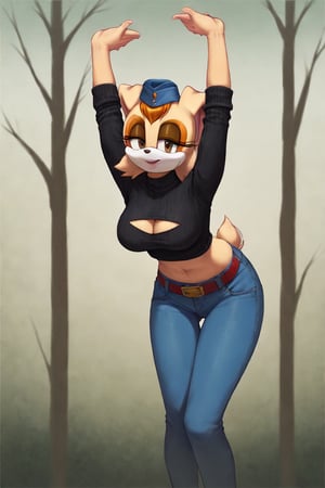 score_9, score_8_up, score_7_up, score_6_up, score_5_up, score_4_up, (Source sonic), (rating safe), vanilla the rabbit, 1girl, solo, outside, wearing blue jeans,  black sweater, shirt cutout, large breasts, brown eyes, looking at viewer, standing, outside, trees, fall weather,  , wide hips, rabbit girl, short hair, body fur, dynamic pose, anime style,flashing belly,cammystretch, stretching,leaning forward,arms up,stomach_punch,Soviet Military uniform,skirt,belt,garrison cap