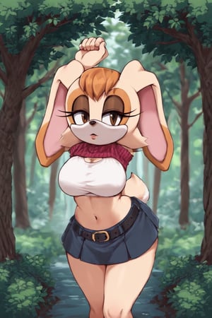 score_9, score_8_up, score_7_up, score_6_up, score_5_up, score_4_up, (Source sonic), (rating safe), vanilla the rabbit, 1girl, solo, outside, short sweater, shirt cutout, large breasts, brown eyes, looking at viewer, standing, outside, trees, fall weather,  , wide hips, rabbit girl, short hair, body fur, dynamic pose, anime style,flashing belly,stomach_punch,cammystretch, stretching,leaning forward,arms up, RakkunVTSDXL,Big_Boobs,Huge_Boobs_Anime, short  skirt,belt