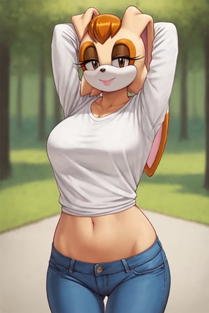 score_9, score_8_up, score_7_up, score_6_up, score_5_up, score_4_up, (Source sonic), (rating safe), vanilla the rabbit, 1girl, solo, outside, wearing blue jeans, white shirt, jacket, large breasts, brown eyes, looking at viewer, standing, outside, trees, fall weather,  , wide hips, rabbit girl, short hair, body fur, hands on hips, anime style,stomach_punch,arms up,cammystretch, stretching,flashing belly,sch00lg1rl,Sexy Girl