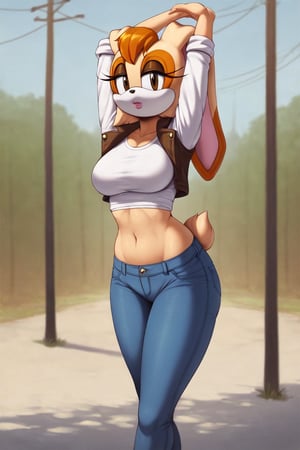 score_9, score_8_up, score_7_up, score_6_up, score_5_up, score_4_up, (Source sonic), (rating safe), vanilla the rabbit, 1girl, solo, outside, wearing blue jeans, white shirt, jacket, large breasts, brown eyes, looking at viewer, standing, outside, trees, fall weather,  , wide hips, rabbit girl, short hair, body fur, hands on hips, anime style,stomach_punch,arms up,cammystretch, stretching,flashing belly,sch00lg1rl