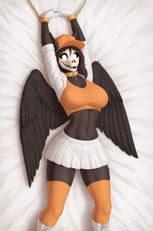 MalOXL, furry female, masterpiece, high quality, large breasts, scp-1471, black fur, orange top, white skirt, white jacket, flashing belly,arms up,cammystretch, stretching, lying in bed, white boots, white gloves, golden chained hands, orange stockings, orange hat,  golden collar, white gloves, big boobs, legs tied, black wings