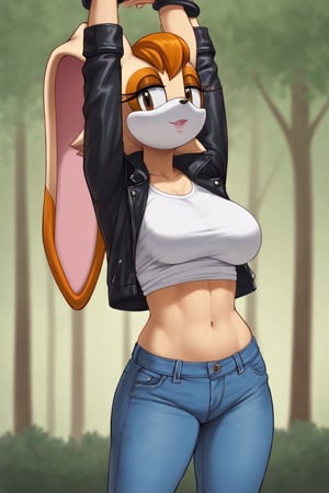 score_9, score_8_up, score_7_up, score_6_up, score_5_up, score_4_up, (Source sonic), (rating safe), vanilla the rabbit, 1girl, solo, outside, wearing blue jeans, white shirt, jacket, large breasts, brown eyes, looking at viewer, standing, outside, trees, fall weather,  , wide hips, rabbit girl, short hair, body fur, hands on hips, anime style,stomach_punch,arms up,cammystretch, stretching,flashing belly,sch00lg1rl