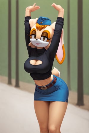 score_9, score_8_up, score_7_up, score_6_up, score_5_up, score_4_up, (Source sonic), (rating safe), vanilla the rabbit, 1girl, solo, outside, wearing blue jeans,  black sweater, shirt cutout, large breasts, brown eyes, looking at viewer, standing, outside, trees, fall weather,  , wide hips, rabbit girl, short hair, body fur, dynamic pose, anime style,flashing belly,cammystretch, stretching,leaning forward,arms up,stomach_punch,Soviet Military uniform,skirt,belt,garrison cap,skirt lift