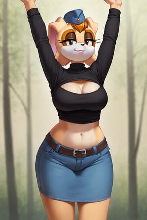 score_9, score_8_up, score_7_up, score_6_up, score_5_up, score_4_up, (Source sonic), (rating safe), vanilla the rabbit, 1girl, solo, outside, wearing blue jeans,  black sweater, shirt cutout, large breasts, brown eyes, looking at viewer, standing, outside, trees, fall weather,  , wide hips, rabbit girl, short hair, body fur, dynamic pose, anime style,flashing belly,cammystretch, stretching,leaning forward,arms up,stomach_punch,Soviet Military uniform,skirt,belt,garrison cap