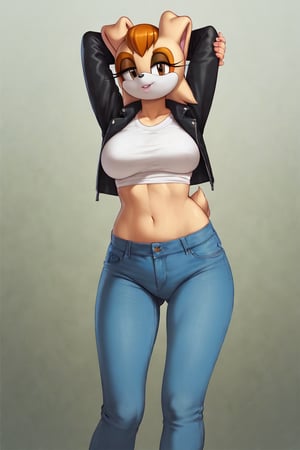 score_9, score_8_up, score_7_up, score_6_up, score_5_up, score_4_up, (Source sonic), (rating safe), vanilla the rabbit, 1girl, solo, outside, wearing blue jeans, white shirt, jacket, large breasts, brown eyes, looking at viewer, standing, outside, trees, fall weather,  , wide hips, rabbit girl, short hair, body fur, hands on hips, anime style,stomach_punch,arms up,cammystretch, stretching,flashing belly,sch00lg1rl