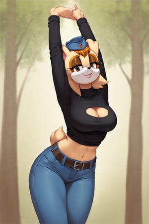 score_9, score_8_up, score_7_up, score_6_up, score_5_up, score_4_up, (Source sonic), (rating safe), vanilla the rabbit, 1girl, solo, outside, wearing blue jeans,  black sweater, shirt cutout, large breasts, brown eyes, looking at viewer, standing, outside, trees, fall weather,  , wide hips, rabbit girl, short hair, body fur, dynamic pose, anime style,flashing belly,cammystretch, stretching,leaning forward,arms up,stomach_punch,Soviet Military uniform,skirt,belt,garrison cap