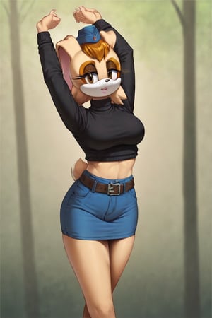 score_9, score_8_up, score_7_up, score_6_up, score_5_up, score_4_up, (Source sonic), (rating safe), vanilla the rabbit, 1girl, solo, outside, wearing blue jeans,  black sweater, shirt cutout, large breasts, brown eyes, looking at viewer, standing, outside, trees, fall weather,  , wide hips, rabbit girl, short hair, body fur, dynamic pose, anime style,flashing belly,cammystretch, stretching,leaning forward,arms up,stomach_punch,Soviet Military uniform,skirt,belt,garrison cap,skirt lift