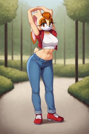 score_9, score_8_up, score_7_up, score_6_up, score_5_up, score_4_up, (Source sonic), (rating safe), vanilla the rabbit, 1girl, solo, outside, wearing blue jeans, white shirt, jacket, large breasts, brown eyes, looking at viewer, standing, outside, trees, fall weather,  , wide hips, rabbit girl, short hair, body fur, hands on hips, anime style,stomach_punch,arms up,cammystretch, stretching,flashing belly,sch00lg1rl