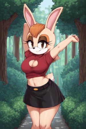 score_9, score_8_up, score_7_up, score_6_up, score_5_up, score_4_up, (Source sonic), (rating safe), vanilla the rabbit, 1girl, solo, outside, red sweater, shirt cutout, large breasts, brown eyes, looking at viewer, standing, outside, trees, fall weather,  , wide hips, rabbit girl, short hair, body fur, dynamic pose, anime style,flashing belly,stomach_punch,cammystretch, stretching,leaning forward,arms up, RakkunVTSDXL,Big_Boobs,Huge_Boobs_Anime,black  skirt,belt