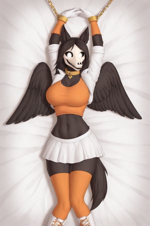 MalOXL, furry female, masterpiece, high quality, large breasts, scp-1471, black fur, orange top, white skirt, white jacket, flashing belly,arms up,cammystretch, stretching, lying in bed, white boots, white gloves, golden chained hands, orange stockings, orange hat,  golden collar, white gloves, big boobs, legs tied, black wings