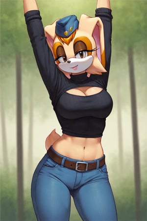 score_9, score_8_up, score_7_up, score_6_up, score_5_up, score_4_up, (Source sonic), (rating safe), vanilla the rabbit, 1girl, solo, outside, wearing blue jeans,  black sweater, shirt cutout, large breasts, brown eyes, looking at viewer, standing, outside, trees, fall weather,  , wide hips, rabbit girl, short hair, body fur, dynamic pose, anime style,flashing belly,cammystretch, stretching,leaning forward,arms up,stomach_punch,Soviet Military uniform,skirt,belt,garrison cap,Lady police 