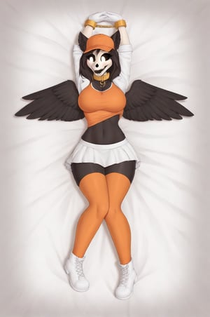 MalOXL, furry female, masterpiece, high quality, large breasts, scp-1471, black fur, orange top, white skirt, white jacket, flashing belly,arms up,cammystretch, stretching, lying in bed, white boots, white gloves, golden chained hands, orange stockings, orange hat,  golden collar, white gloves, big boobs, legs tied, black wings