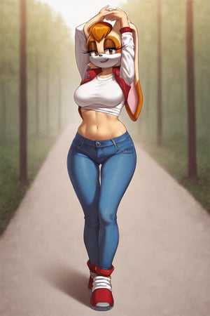 score_9, score_8_up, score_7_up, score_6_up, score_5_up, score_4_up, (Source sonic), (rating safe), vanilla the rabbit, 1girl, solo, outside, wearing blue jeans, white shirt, jacket, large breasts, brown eyes, looking at viewer, standing, outside, trees, fall weather,  , wide hips, rabbit girl, short hair, body fur, hands on hips, anime style,stomach_punch,arms up,cammystretch, stretching,flashing belly,sch00lg1rl,Sexy Girl