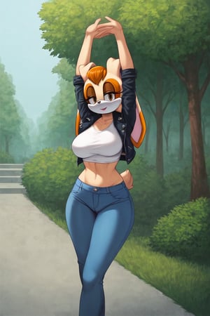 score_9, score_8_up, score_7_up, score_6_up, score_5_up, score_4_up, (Source sonic), (rating safe), vanilla the rabbit, 1girl, solo, outside, wearing blue jeans, white shirt, jacket, large breasts, brown eyes, looking at viewer, standing, outside, trees, fall weather,  , wide hips, rabbit girl, short hair, body fur, hands on hips, anime style,stomach_punch,arms up,cammystretch, stretching,flashing belly,sch00lg1rl,Sexy Girl