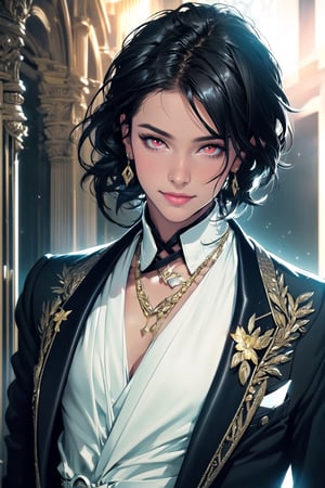 formal suit, in glamorous palace grand hall, short hair, eye half opened, smilling, black spiky soft hair, glittery glow red eyes, solo man, realistic art, fushiguro_megumi,fushiguro megumi, black suit, glamour,black hair