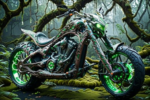 ultra Realistic, a chopper bike crafted by elves. The sleek, iridescent frame is adorned with vines and leaves, with handlebars of ancient wood featuring glowing runes. The moss-upholstered seat, vine-like wheels, and dragon scale exhaust pipes add to its mystical charm. Gleaming in green and silver with elven engravings and gemstones, this bike is a perfect blend of nature and machine.,shards,DonM3lv3sXL,cyborg