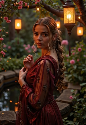 close-up image featuring  a young woman, posing her body, wearing a sheer dark red shawl with silver embroided floral pattern, in an enchanted garden at twilight, surrounded by glowing flowers and softly lit lanterns hanging from ancient trees. She gently caresses her long hair, as fireflies dance around her, and a small reflective pond mirrors the fading colors of the sunset. The atmosphere is serene and magical, with soft beams of light filtering through the trees, enhancing the dreamlike and romantic mood of the scene.
Emphasis on warm, soft lighting from the lanterns and fireflies, creating a glow that highlights the twilight setting. The lighting also reflects off the pond, adding depth and a dreamlike quality to the scene.
Incorporation of glowing flowers, hanging lanterns, and fireflies to enhance the enchanted and serene atmosphere.,3mr4