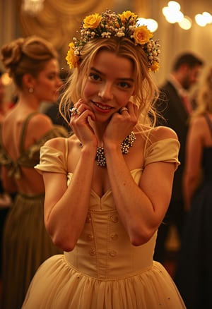 In the midst of a crownded regency-era dancefloor, stands a beautiful girl, making eye contact, looking to the viewer with a friendly warm smile, playing with her hair and her necklace, shy and flirty. She is wearing an elegant cream dress and her hair has yellow flowers all throughout her hairstyle. The scene focuses on the girl, with the rest of the crown a blur. cinematic, alluring, and elegant. The scene is romantically lit with warm hues, Midjourney_Whisper