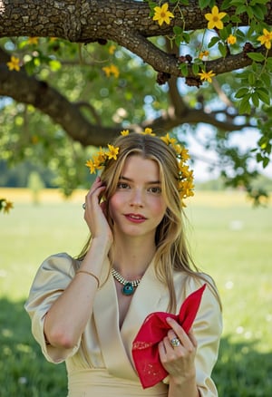 On a beautiful spring day, underneath a grand old oak tree, stands a beautiful girl, making eye contact, looking to the viewer with a friendly warm smile, playing with her hair and holding a red handkerchief, shy and flirty. She is wearing an elegant cream dress and her hair has yellow flowers all throughout her hairstyle. The scene focuses on the girl, with the surrounding scenery a colorful blur. cinematic, alluring, and elegant. The scene is naturally lit with the shade of the oak tree in contrast with the green meadows in the distance, Midjourney_Whisper. 3mr4