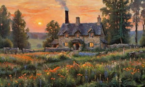 impressionist painting A cosy homestead suits in a field of wildflowers, surrounded by a thick, but pleasant forest. The homestead is a traditional stone house, with a smoking chimney and a tiled roof. At dusk, with a gorgeous orange sunset.,impressionist painting,dark,Enhance