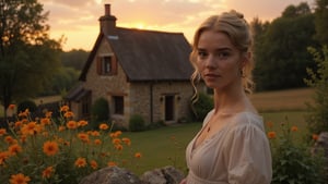 Close-up of a young woman standing in front of a cosy stone cottage, in the middle of a thick but beautiful forest clearing. There are orange wildflowers blooming all around the woman. The cottage has a chimney that has smoke coming out. It is a vibrant sunset, with the scene accentuated with orange and pink hues from the setting sun. The scene is rustic, cosy, and beautiful, with the girl wearing a simple muslin dress, leaning against a small stone wall leading to the cottage.,3mr4