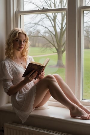 Emma Myers(emmamyers), curly blonde hair, sitting on large window sill of large bay window, reading a book, one leg bent, barefoot, looking up at viewer. Full body image, ultra realistic, highly detailed, real image. 

Canon, professional photography, consistent lighting,3mr4