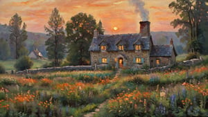 impressionist painting A cosy homestead suits in a field of wildflowers, surrounded by a thick, but pleasant forest. The homestead is a traditional stone house, with a smoking chimney and a tiled roof. At dusk, with a gorgeous orange sunset.,impressionist painting,dark,Enhance