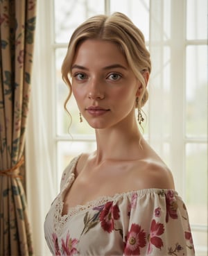 ((masterpiece)), ((best quality)), 8k, high detailed, ultra-detailed, a model standing gracefully in front of a large window, wearing a floral patterned gown in white and red, natural light shining through sheer curtains, delicate lace details, soft and feminine atmosphere, accentuating her look.
 textured skin, remarkably detailed pupils, realistic dull skin noise, visible skin detail, skin fuzz, dry skin, 36DD, pale skin tone,Perfect Eyes,Detailed skin,Skin blemish,3mr4