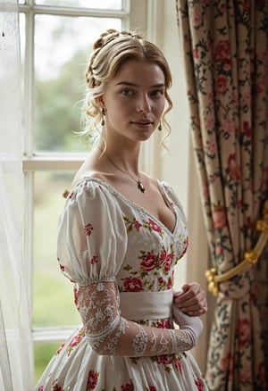 ((masterpiece)), ((best quality)), 8k, high detailed, ultra-detailed, a model standing gracefully in front of a large window, wearing a floral patterned gown in white and red, natural light shining through sheer curtains, delicate lace details, soft and feminine atmosphere, accentuating her look.
 textured skin, remarkably detailed pupils, realistic dull skin noise, visible skin detail, skin fuzz, dry skin, 36DD, pale skin tone,Perfect Eyes,Detailed skin,Skin blemish,3mr4, elegant blonde hair, demure pale skin, subtle makeup, regal demeanor.