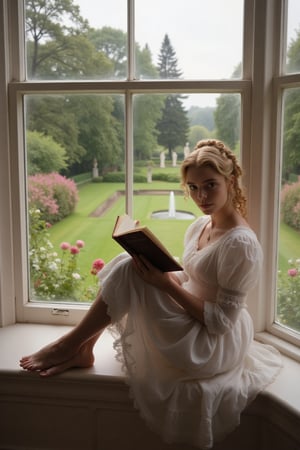 Emma (3mr4), curly blonde hair, sitting on large window sill of large bay window, reading a book, one leg bent, barefoot, looking up at viewer. Full body image, ultra realistic, highly detailed, real image. 

Canon, professional photography, consistent lighting. Regency era fashion and decor. The window overlooks a great garden estate, with flowers, fountains, and statues.