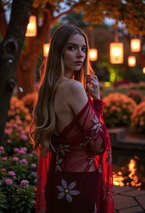 close-up image featuring  a young woman, posing her body, wearing a sheer dark red shawl with silver embroided floral pattern, in an enchanted garden at twilight, surrounded by glowing flowers and softly lit lanterns hanging from ancient trees. She gently caresses her long hair, as fireflies dance around her, and a small reflective pond mirrors the fading colors of the sunset. The atmosphere is serene and magical, with soft beams of light filtering through the trees, enhancing the dreamlike and romantic mood of the scene.
Emphasis on warm, soft lighting from the lanterns and fireflies, creating a glow that highlights the twilight setting. The lighting also reflects off the pond, adding depth and a dreamlike quality to the scene.
Incorporation of glowing flowers, hanging lanterns, and fireflies to enhance the enchanted and serene atmosphere.
