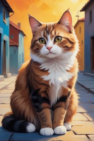 cartoon style. Oil Painting full size of a cat, comic style, coulorfull background, real cat