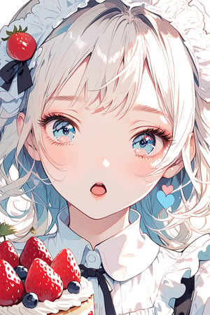 An anime-style illustration of a young female character who is running with a cake and looks surprised.  She wears a black and white maid outfit with frills and ribbons, and her pink cheeks and big blue eyes show her shock and excitement.  Her hair is blowing in the wind and the cake is adorned with strawberries and cream. The background is white and the focus is on her and the cake. Small heart-shaped icons express cuteness and joy around her.  The illustration has a bright and pop atmosphere, full of movement and energy.  delicate facial features, extremely detailed fine touch
