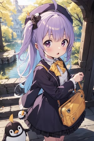 masterpiece,illustration,ray tracing,finely detailed,best detailed,Clear picture,intricate details,highlight,
anime,
gothic architecture,
looking at viewer,

nature,gothic architecture,bird,the lakeside in the heart of the forest,the staircase of the balcony,

NikkeRei,
1girl,loli,baby,long hair,hat,light purple hair,
yellow bow,yellow bag,skirt,upper body,
NikkePenguin,Penguin,