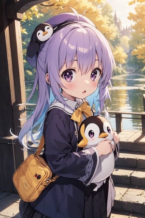 masterpiece,illustration,ray tracing,finely detailed,best detailed,Clear picture,intricate details,highlight,
anime,
gothic architecture,
looking at viewer,

nature,gothic architecture,bird,the lakeside in the heart of the forest,the staircase of the balcony,

NikkeRei,
1girl,loli,baby,long hair,hat,light purple hair,
yellow bow,yellow bag,skirt,upper body,
NikkePenguin,Penguin,