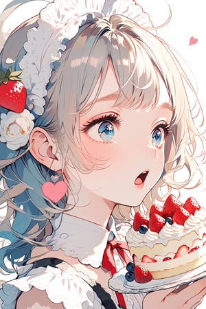 An anime-style illustration of a young female character who is running with a cake and looks surprised.  She wears a black and white maid outfit with frills and ribbons, and her pink cheeks and big blue eyes show her shock and excitement.  Her hair is blowing in the wind and the cake is adorned with strawberries and cream. The background is white and the focus is on her and the cake. Small heart-shaped icons express cuteness and joy around her.  The illustration has a bright and pop atmosphere, full of movement and energy.  delicate facial features, extremely detailed fine touch
