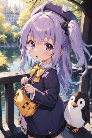 masterpiece,illustration,ray tracing,finely detailed,best detailed,Clear picture,intricate details,highlight,
anime,
gothic architecture,
looking at viewer,

nature,gothic architecture,bird,the lakeside in the heart of the forest,the staircase of the balcony,

NikkeRei,
1girl,loli,baby,long hair,hat,light purple hair,
yellow bow,yellow bag,skirt,upper body,
NikkePenguin,Penguin,